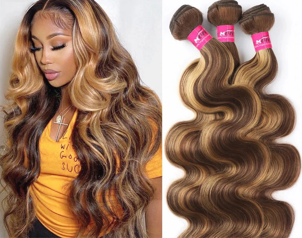P4/27 Highlight Body Wave Bundles 100% Human Hair Bundles Brown Brazilian Hair Weave Bundle 30 32 inch 1 3 4 Remy Hair Bundles