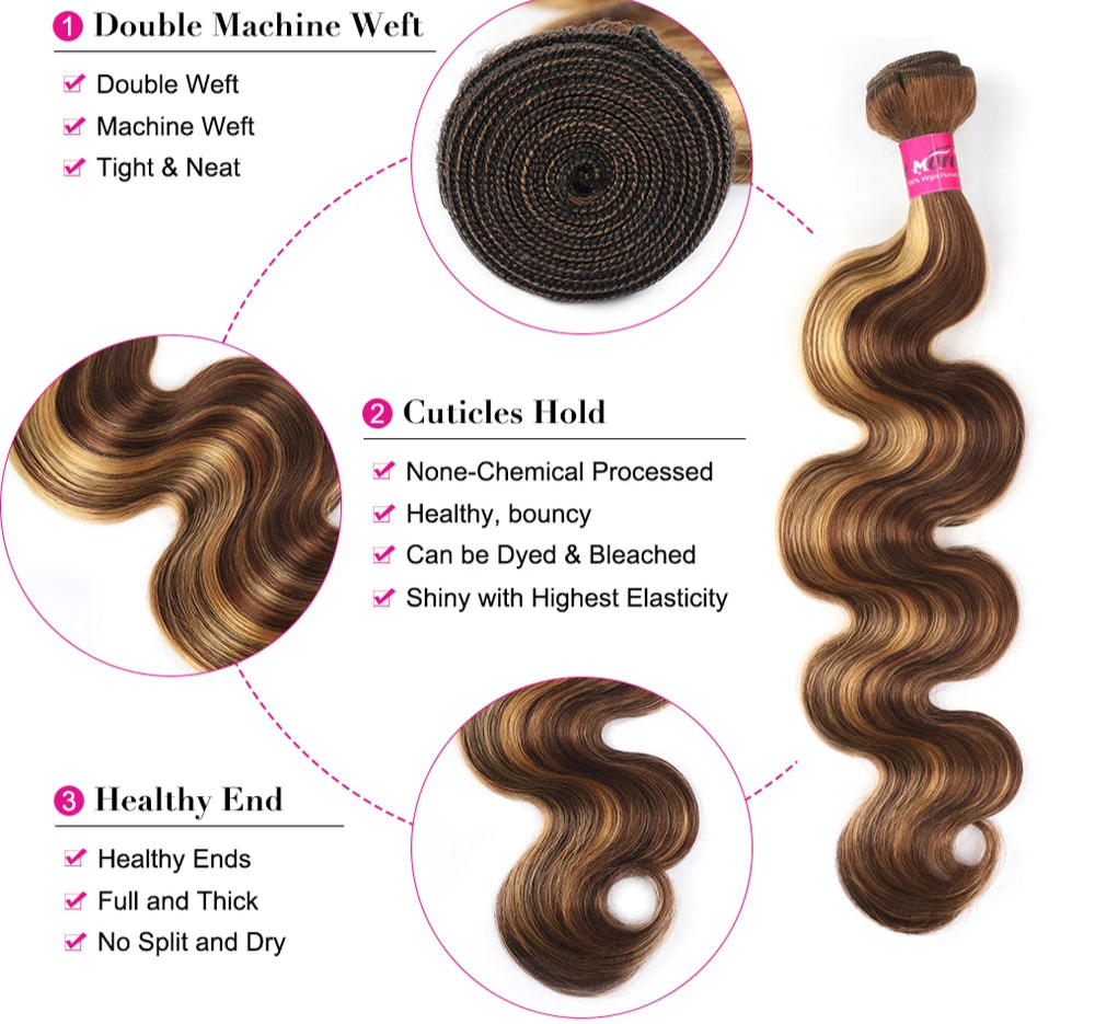 P4/27 Highlight Body Wave Bundles 100% Human Hair Bundles Brown Brazilian Hair Weave Bundle 30 32 inch 1 3 4 Remy Hair Bundles