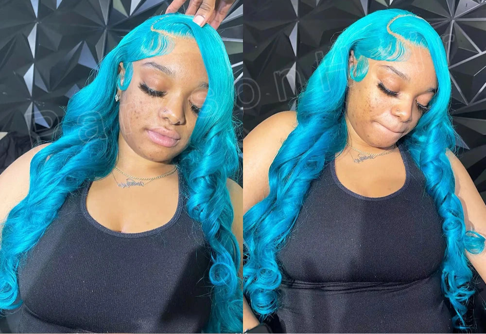 Blue Colored 13x6 HD Transparent Lace Frontal Wigs Human Hair Wig For Black Women Cyan Brazilian Remy Hair Lace Front Wigs