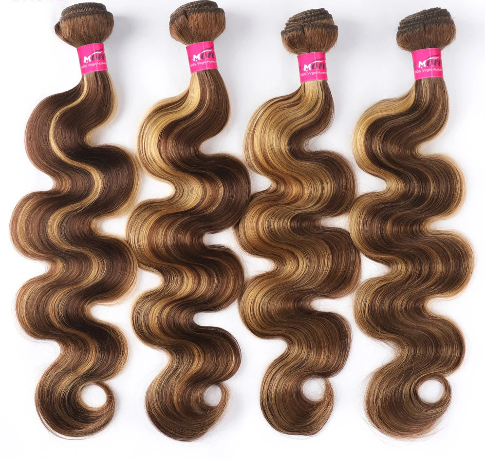P4/27 Highlight Body Wave Bundles 100% Human Hair Bundles Brown Brazilian Hair Weave Bundle 30 32 inch 1 3 4 Remy Hair Bundles