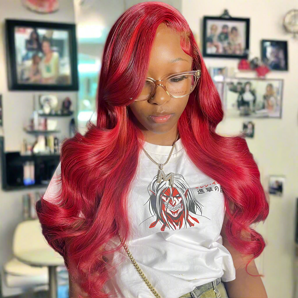 Rose Pink 13X4 Ready Go Lace Frontal Body Wave Wig Transparent 13x6 Wavy Human Hair Wigs 99J Red Highlights 6X4 Lace Closure Wig