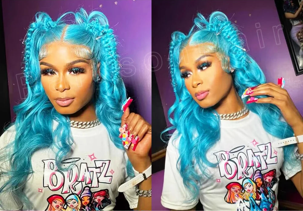 Blue Colored 13x6 HD Transparent Lace Frontal Wigs Human Hair Wig For Black Women Cyan Brazilian Remy Hair Lace Front Wigs