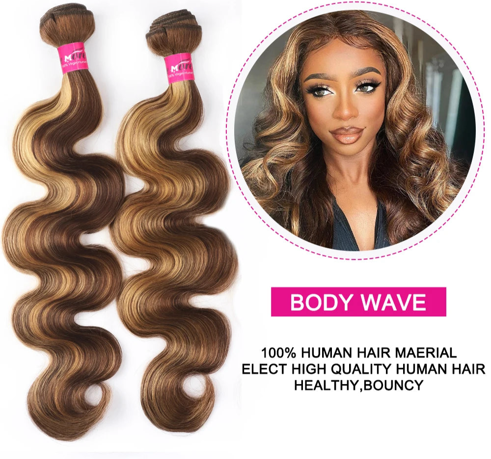 P4/27 Highlight Body Wave Bundles 100% Human Hair Bundles Brown Brazilian Hair Weave Bundle 30 32 inch 1 3 4 Remy Hair Bundles