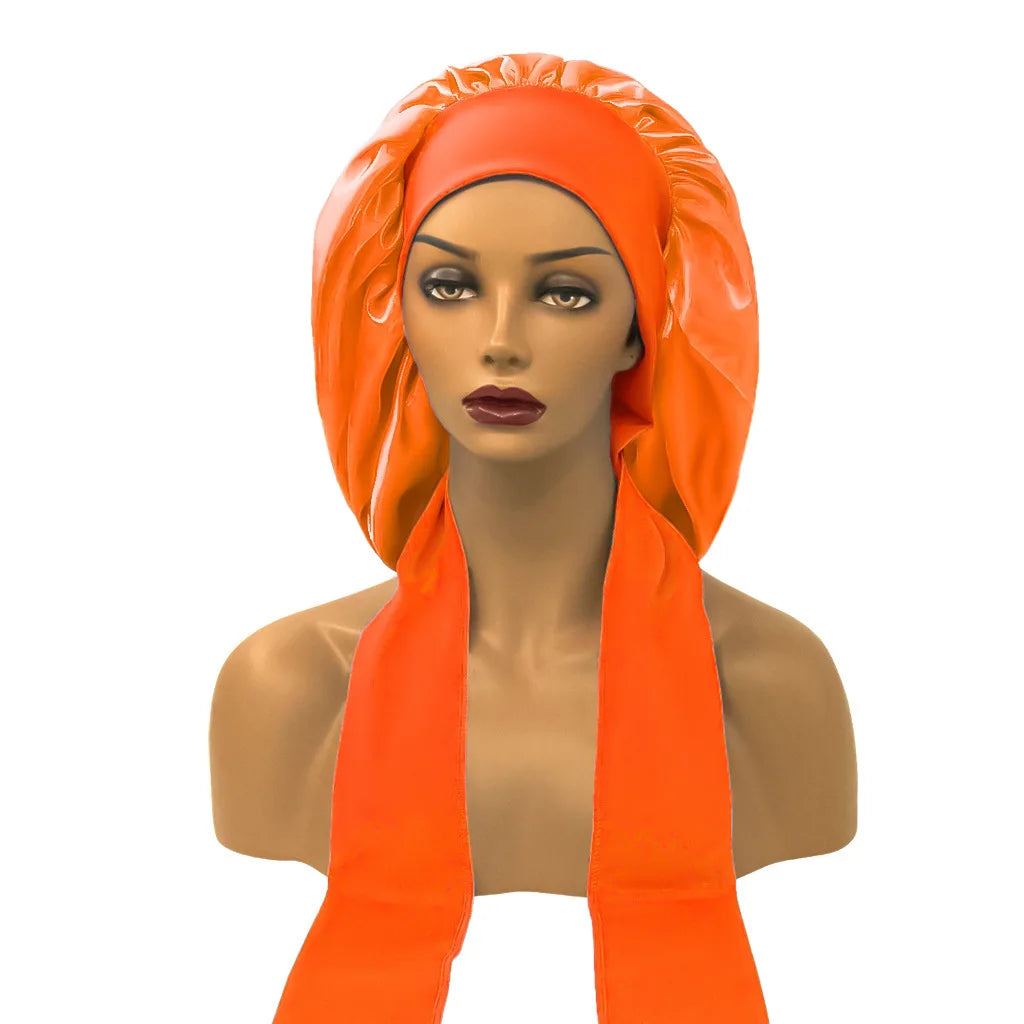 Women Satin Night Sleep Cap with Long Streamer Hair Care Bonnet