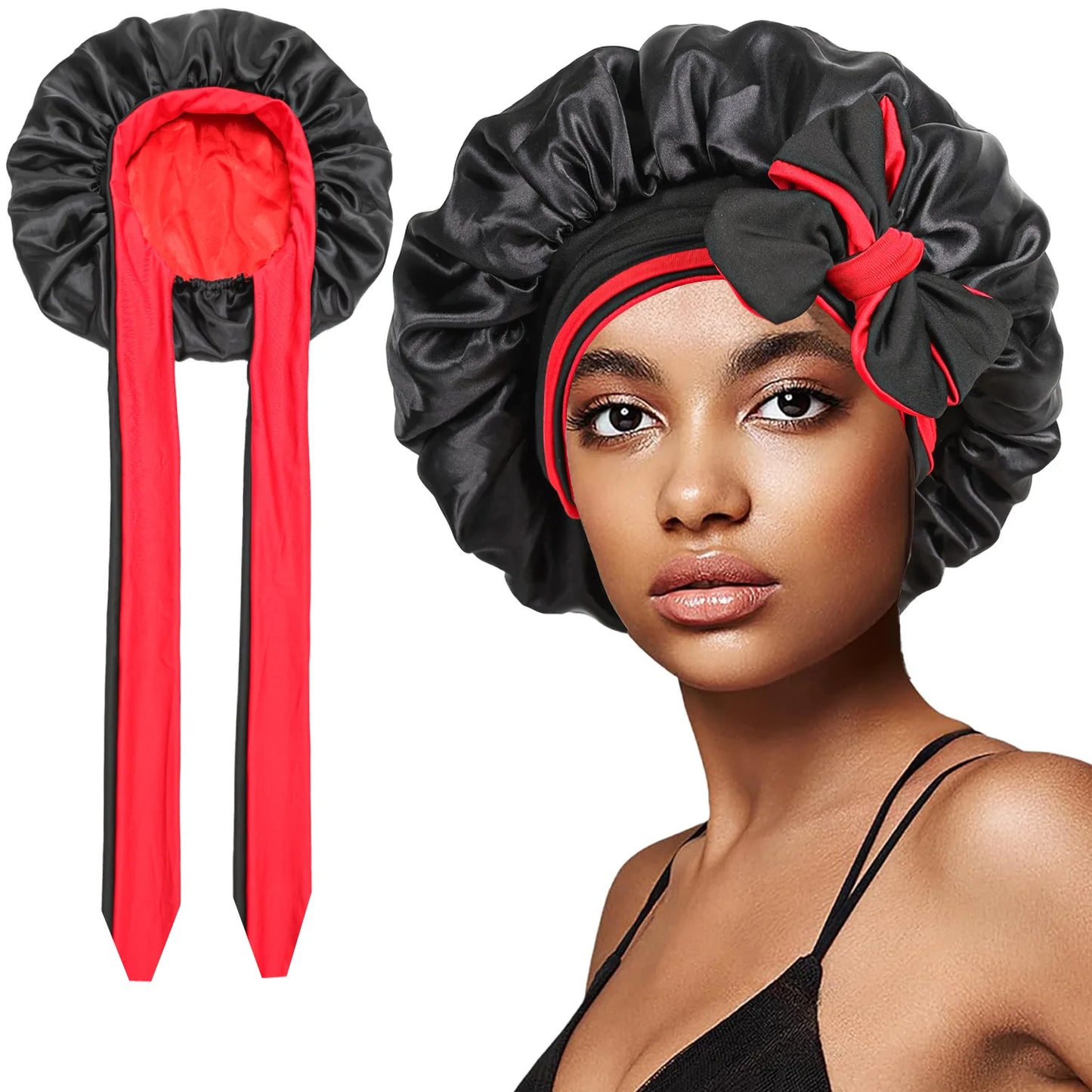 Women Double-layer Satin Sleep Cap Elastic Tie Band Cover Bonnet