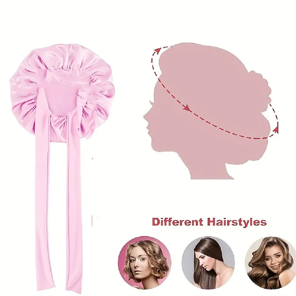 2PCS Satin Bonnets With Tie Band (Pink+Black), Sleeping Cap For Women, Multi-Use Hair Bonnets