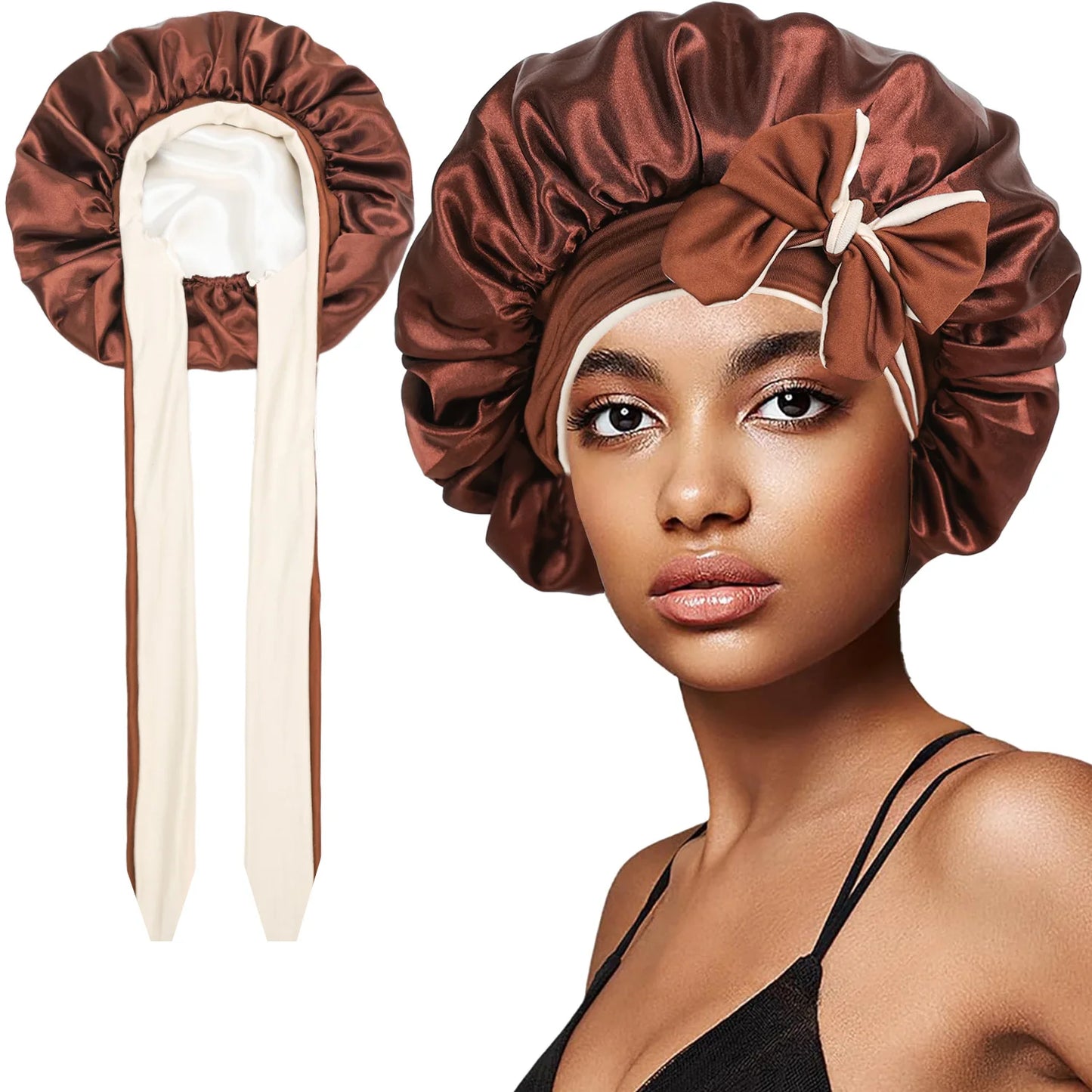 Women Double-layer Satin Sleep Cap Elastic Tie Band Cover Bonnet
