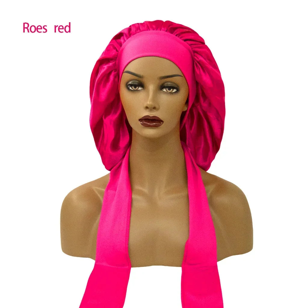 Women Satin Night Sleep Cap with Long Streamer Hair Care Bonnet