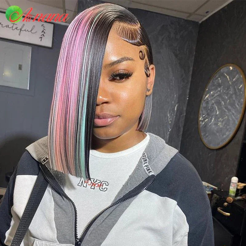 Highlights Blue/Pink/Rose Colored Short Bob Wig With Baby Hair Straight 13x4 Lace Frontal Wigs Remy Human Hair Wigs For Women