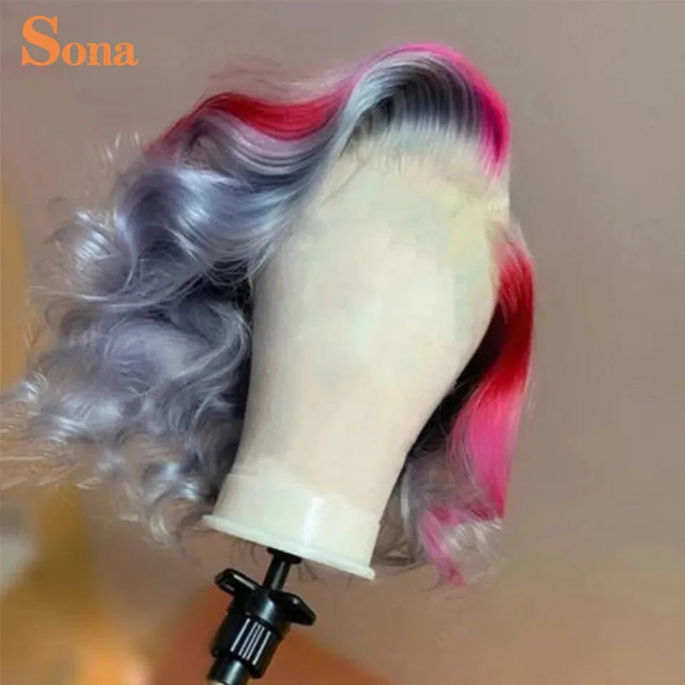 Short Human Hair Wig Preplucked Ombre Colored Blue Green Purple Lace Front Wig Remy Hair For Women