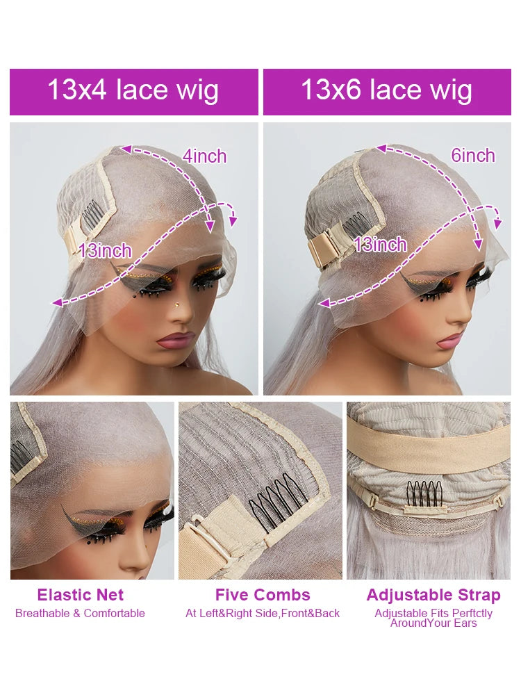 Silver Grey Straight Lace Front Wig Human Hair Colored HD Transparent 13x4 13x6 Lace Frontal Wig for Women Preplucked 250Density