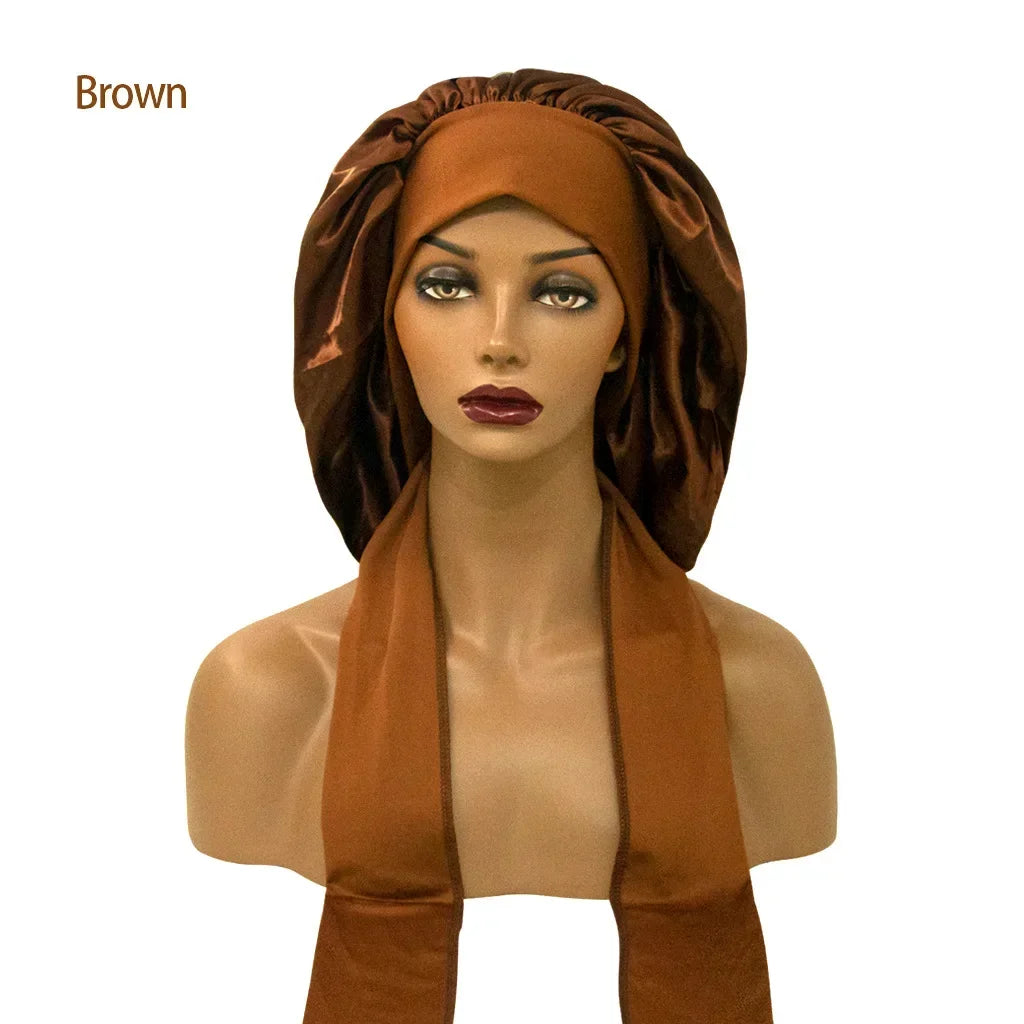 Women Satin Night Sleep Cap with Long Streamer Hair Care Bonnet