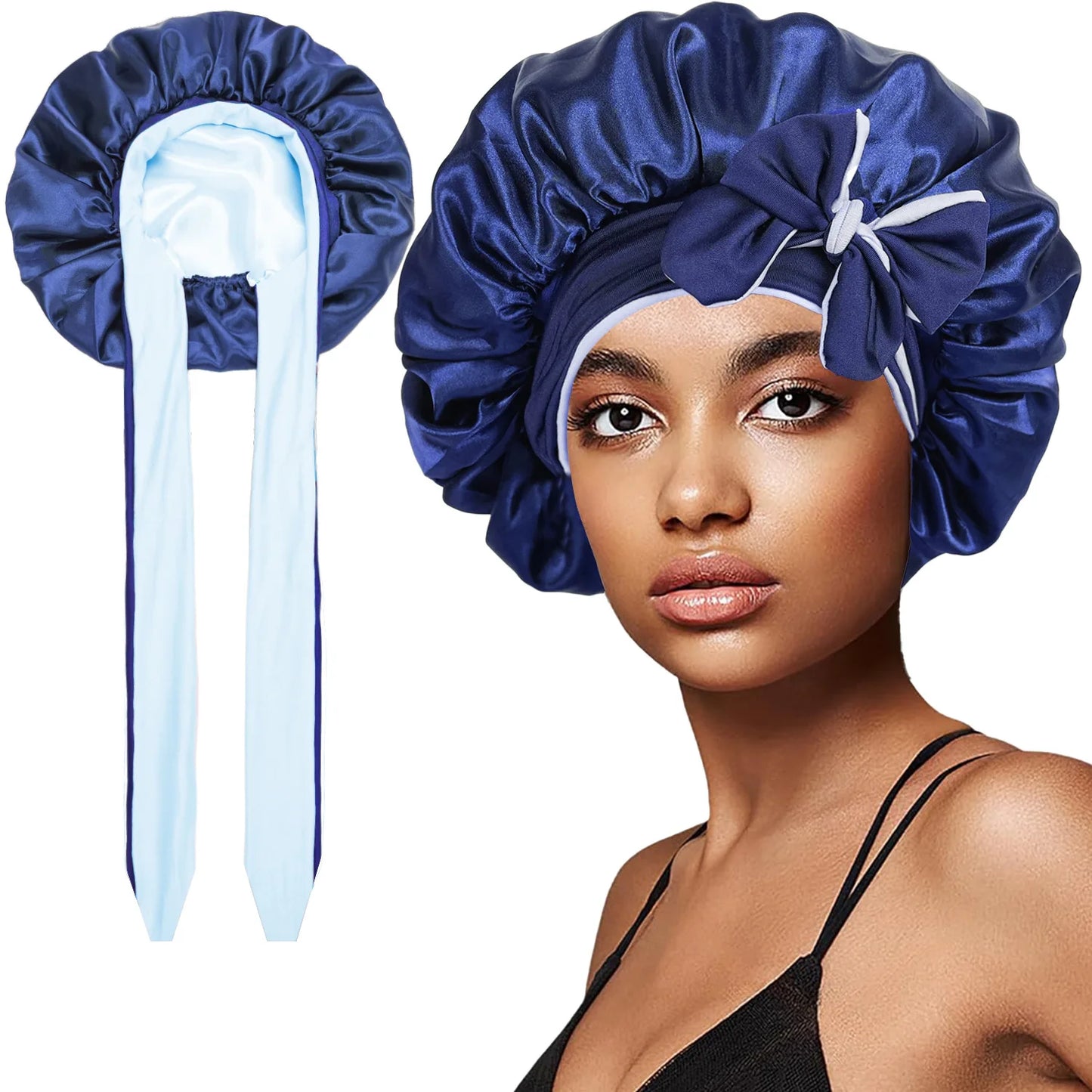 Women Double-layer Satin Sleep Cap Elastic Tie Band Cover Bonnet