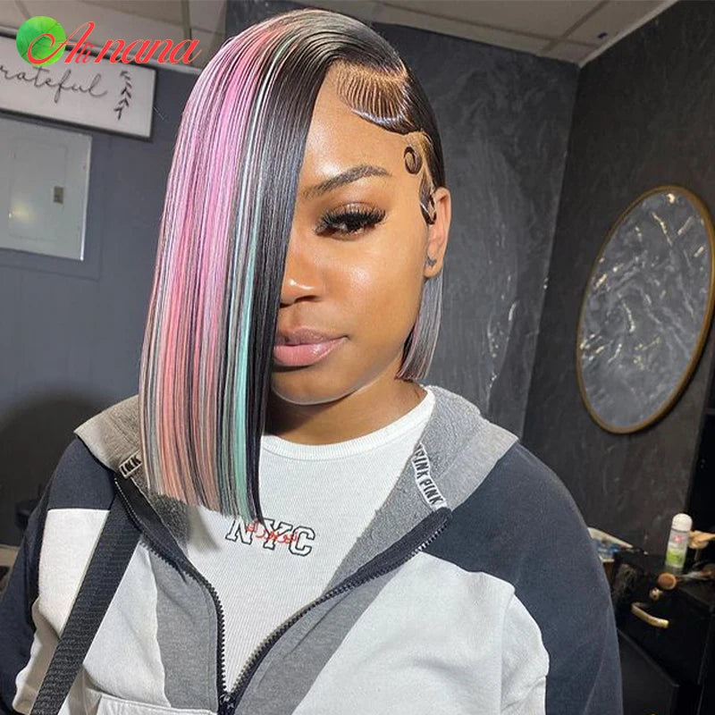 Highlights Blue/Pink/Rose Colored Short Bob Wig With Baby Hair Straight 13x4 Lace Frontal Wigs Remy Human Hair Wigs For Women