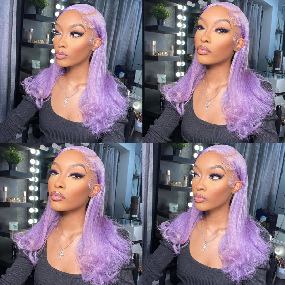 13x6 Purple Lace Front Human Hair Wig Brazilian Lace Frontal Wig Pre Plucked Long Straight Lavender Colored Lace Wigs