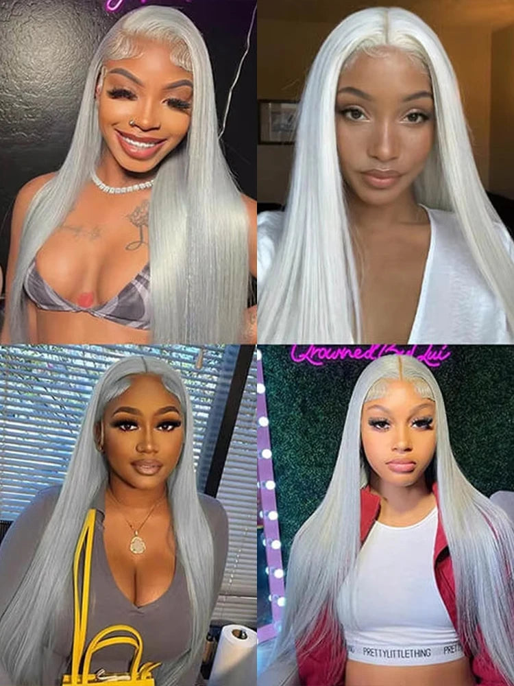 Silver Grey Straight Lace Front Wig Human Hair Colored HD Transparent 13x4 13x6 Lace Frontal Wig for Women Preplucked 250Density