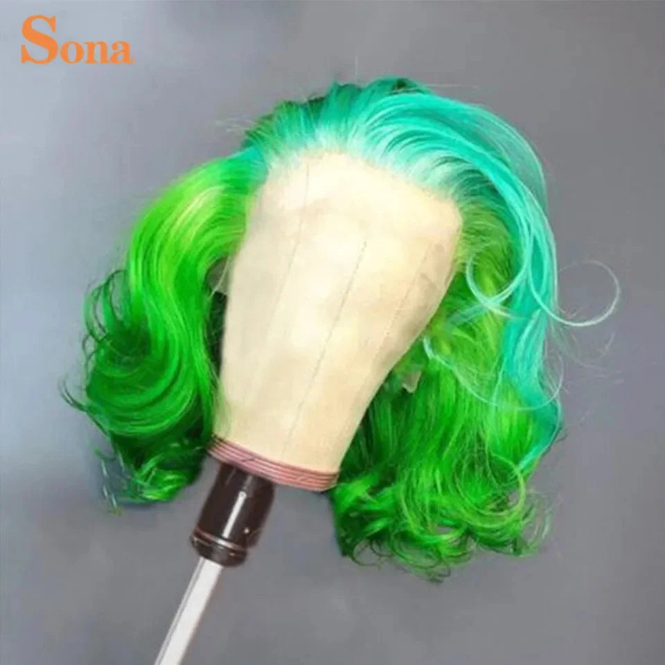 Short Human Hair Wig Preplucked Ombre Colored Blue Green Purple Lace Front Wig Remy Hair For Women