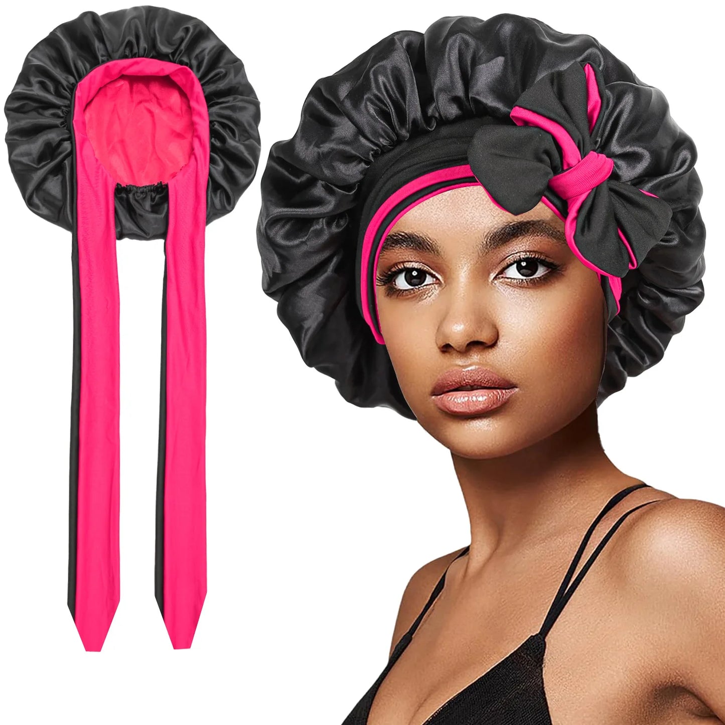 Women Double-layer Satin Sleep Cap Elastic Tie Band Cover Bonnet