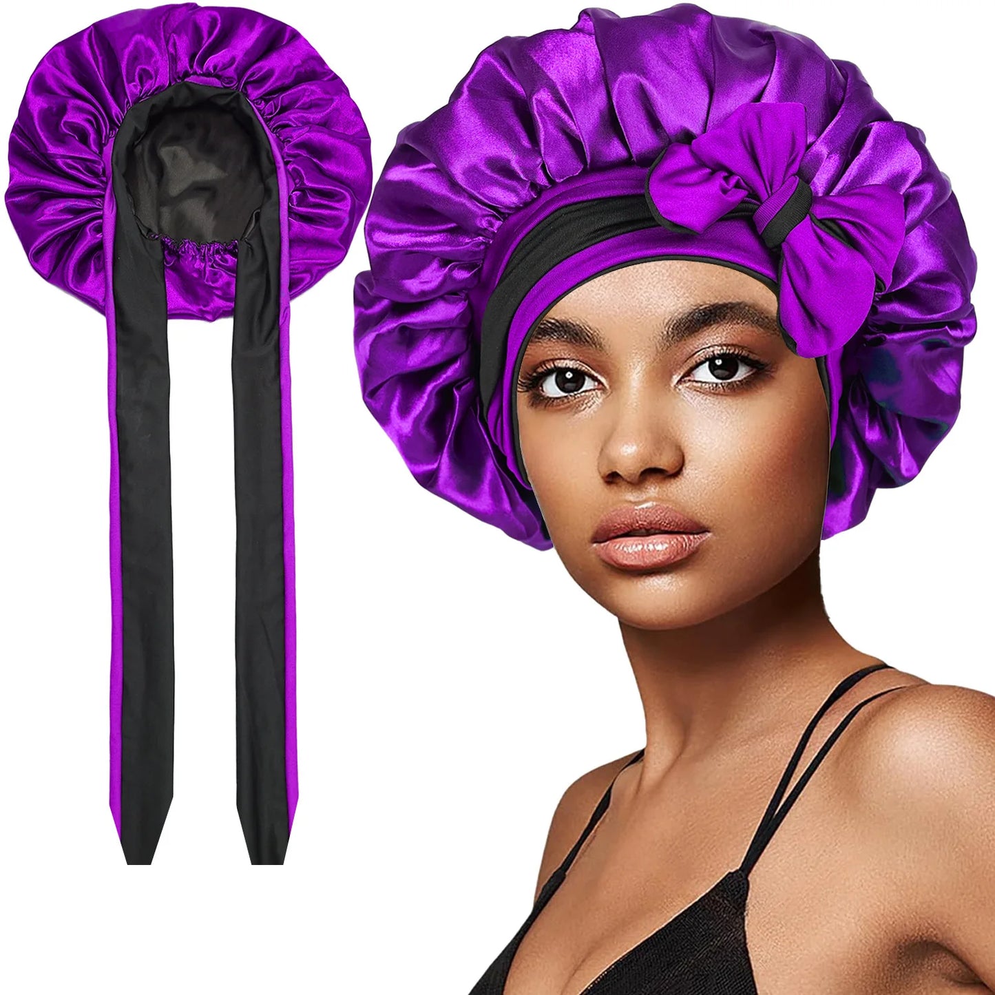 Women Double-layer Satin Sleep Cap Elastic Tie Band Cover Bonnet