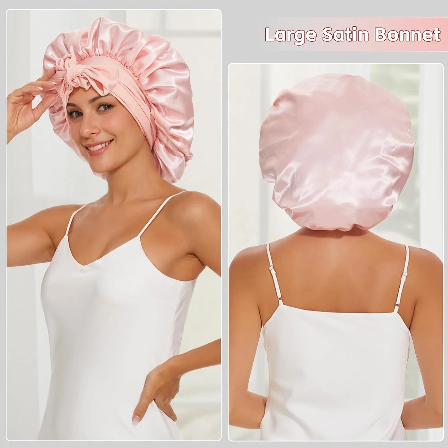 2PCS Satin Bonnets With Tie Band (Pink+Black), Sleeping Cap For Women, Multi-Use Hair Bonnets