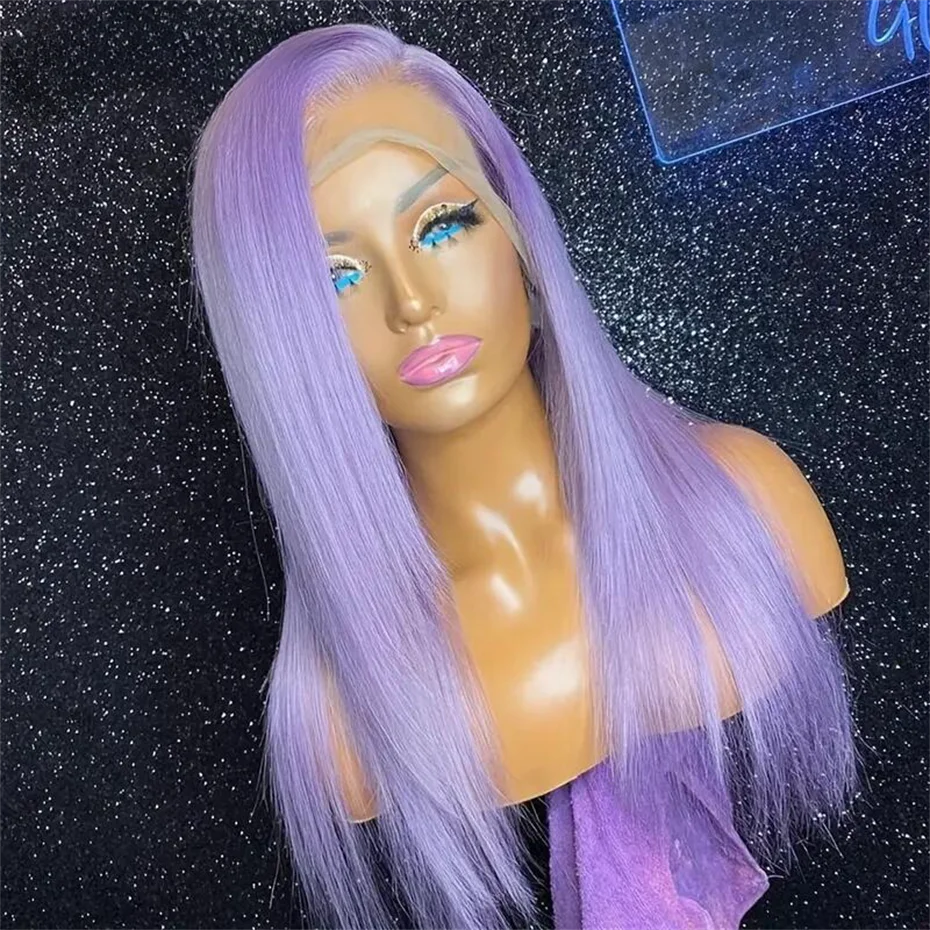 13x6 Purple Lace Front Human Hair Wig Brazilian Lace Frontal Wig Pre Plucked Long Straight Lavender Colored Lace Wigs
