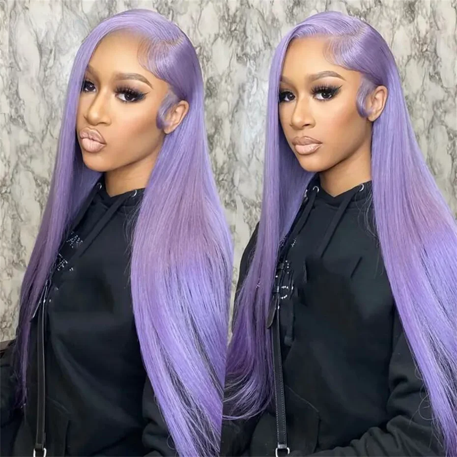 13x6 Purple Lace Front Human Hair Wig Brazilian Lace Frontal Wig Pre Plucked Long Straight Lavender Colored Lace Wigs