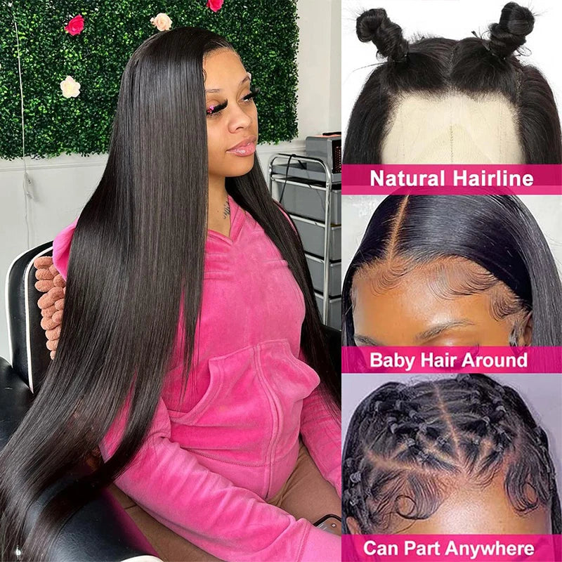 13x6 HD Lace Transparent Straight Frontal Wig Pre Plucked Brazilian 40 Inch Bone Straight Lace Front Human Hair Wigs For Women
