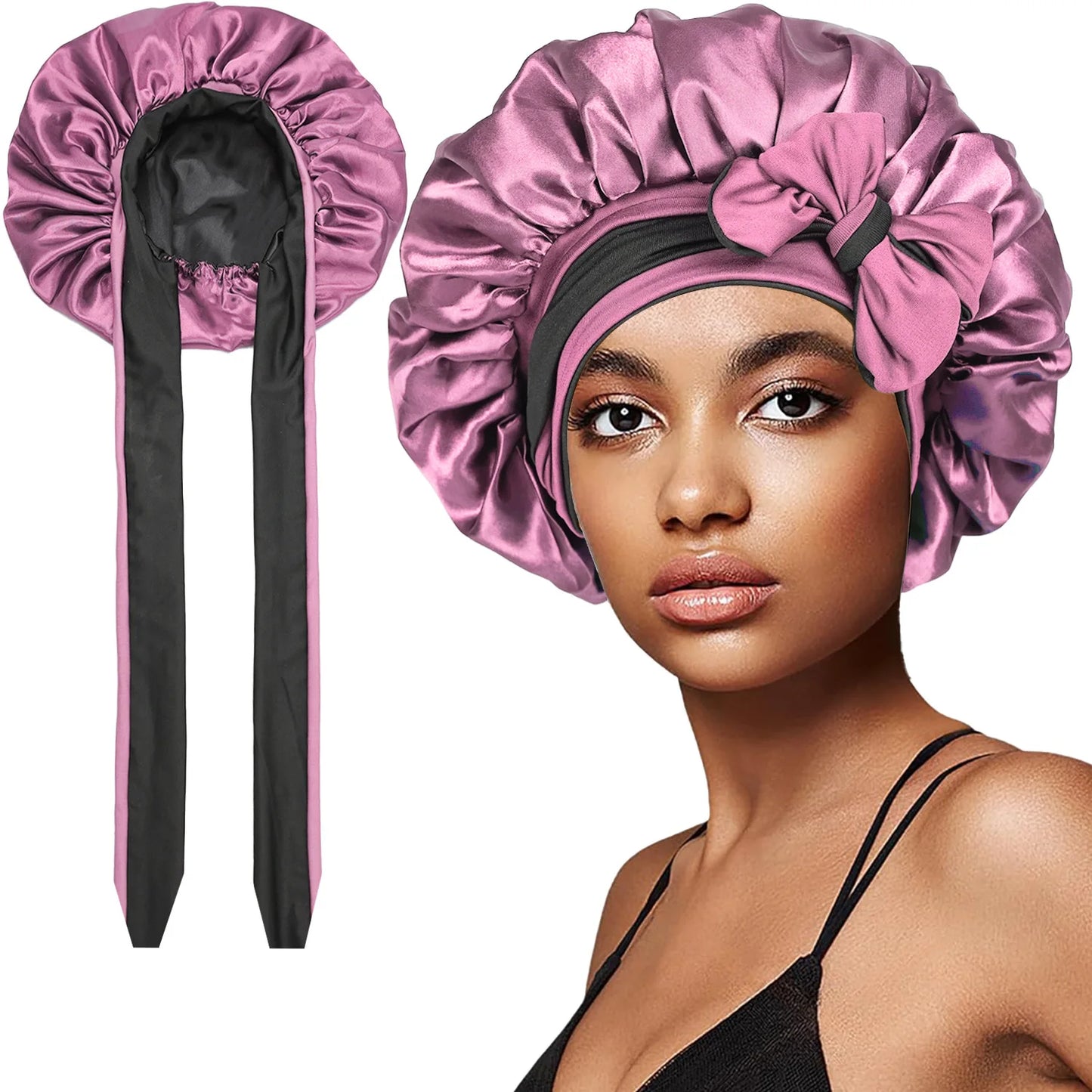 Women Double-layer Satin Sleep Cap Elastic Tie Band Cover Bonnet