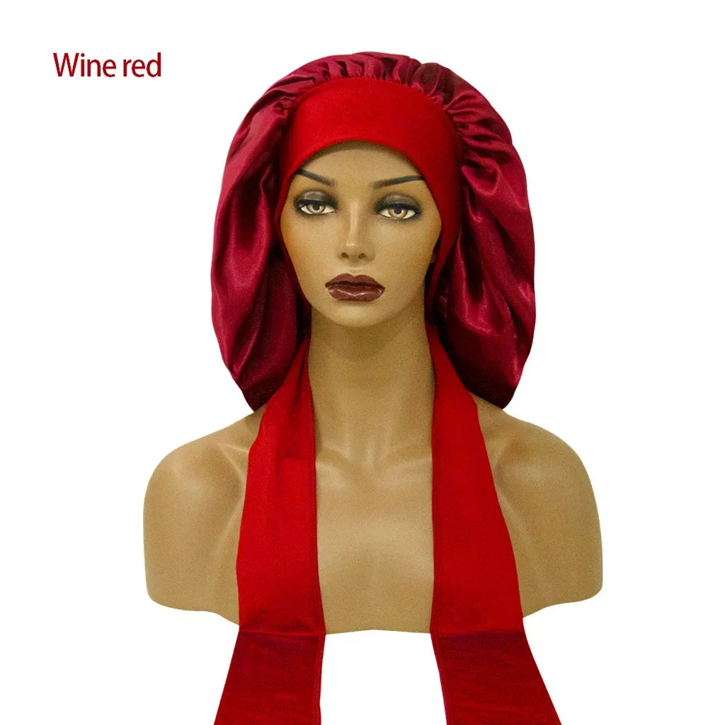 Women Satin Night Sleep Cap with Long Streamer Hair Care Bonnet
