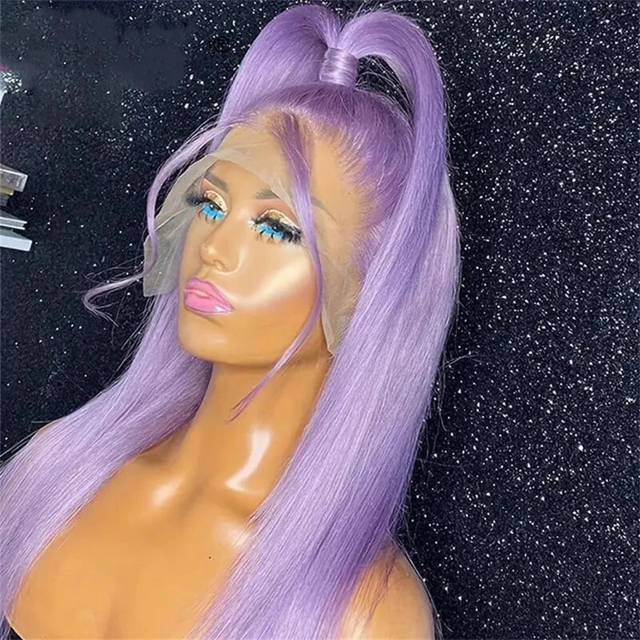13x6 Purple Lace Front Human Hair Wig Brazilian Lace Frontal Wig Pre Plucked Long Straight Lavender Colored Lace Wigs