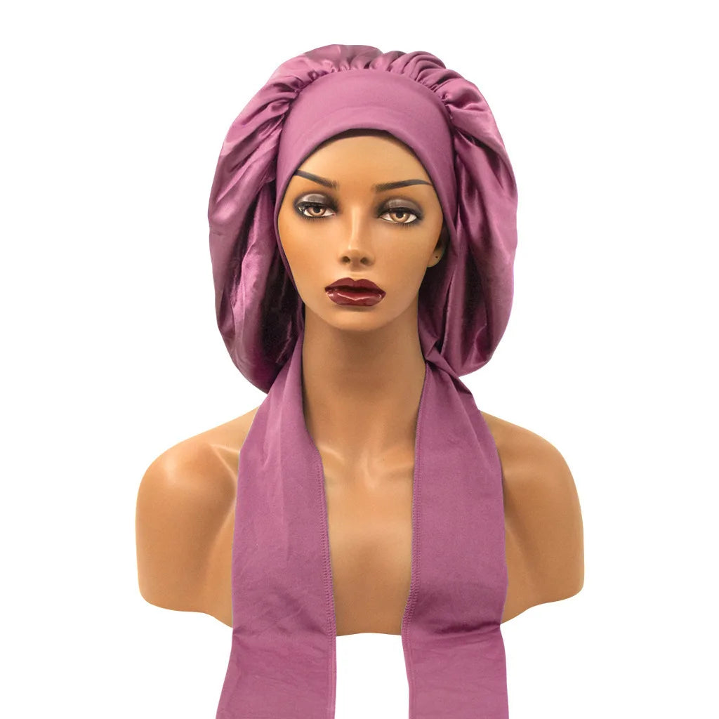 Women Satin Night Sleep Cap with Long Streamer Hair Care Bonnet