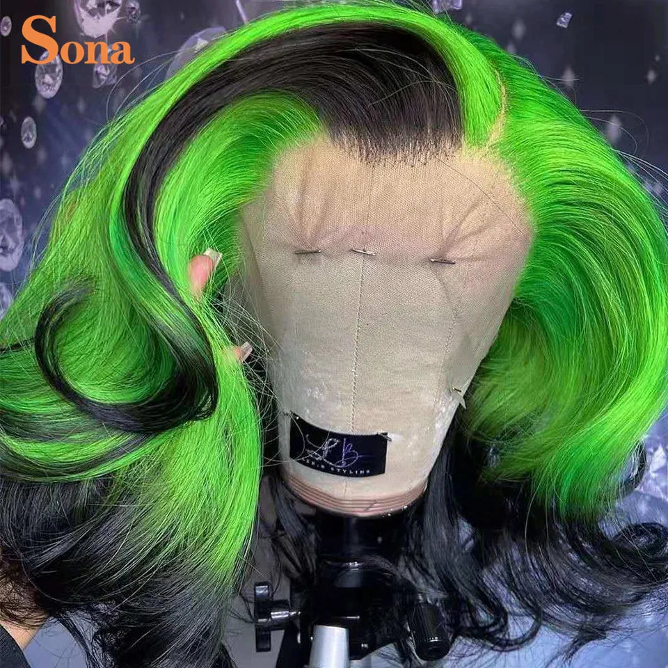 Short Human Hair Wig Preplucked Ombre Colored Blue Green Purple Lace Front Wig Remy Hair For Women