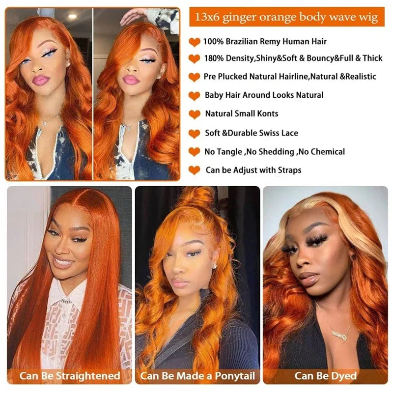 13x6 Hd Lace Frontal Orange Ginger Human Hair Wig Body Wave Lace Front Wigs for Women Loose Wave Colored Wigs Brazilian
