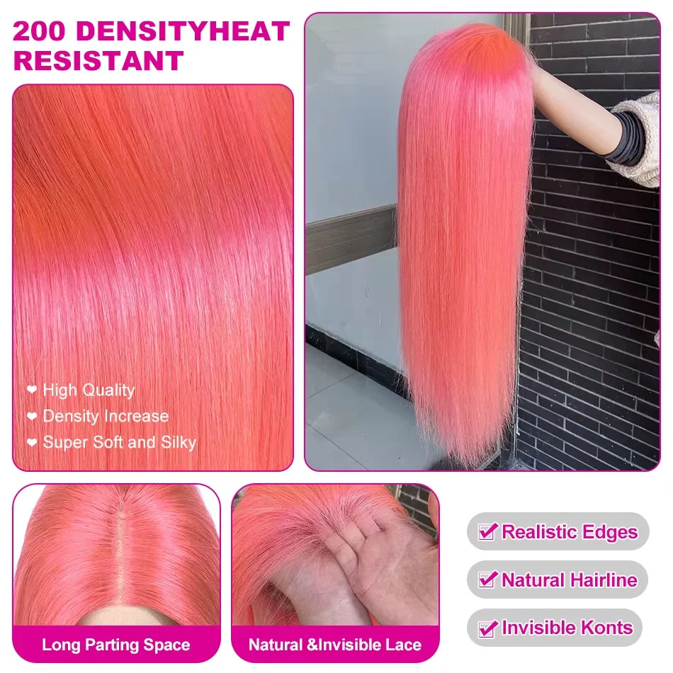 Brazilian Raw 200 Density 30 34 Inch 13x4 Pink Straight HD Transparent Lace Frontal Human Hair Wig Colored 13x6 Lace Front Wigs