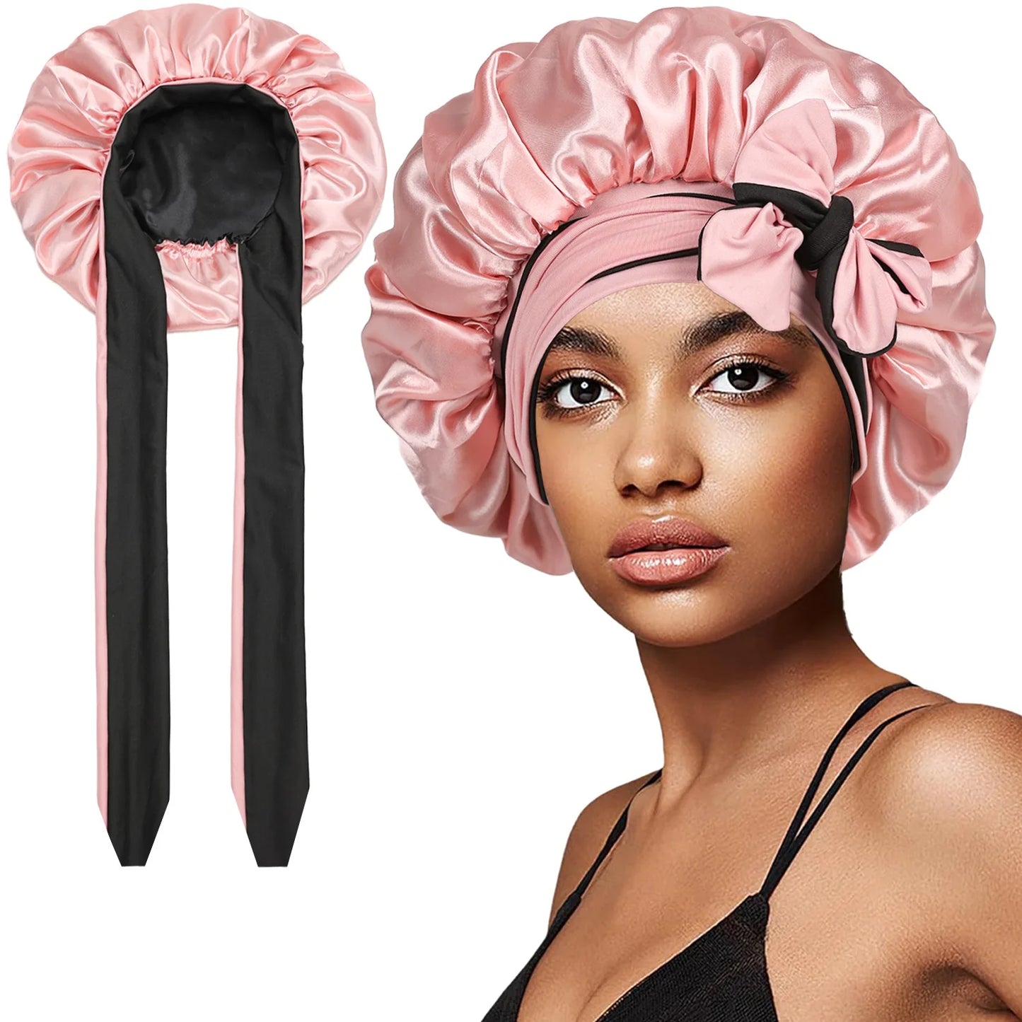Women Double-layer Satin Sleep Cap Elastic Tie Band Cover Bonnet