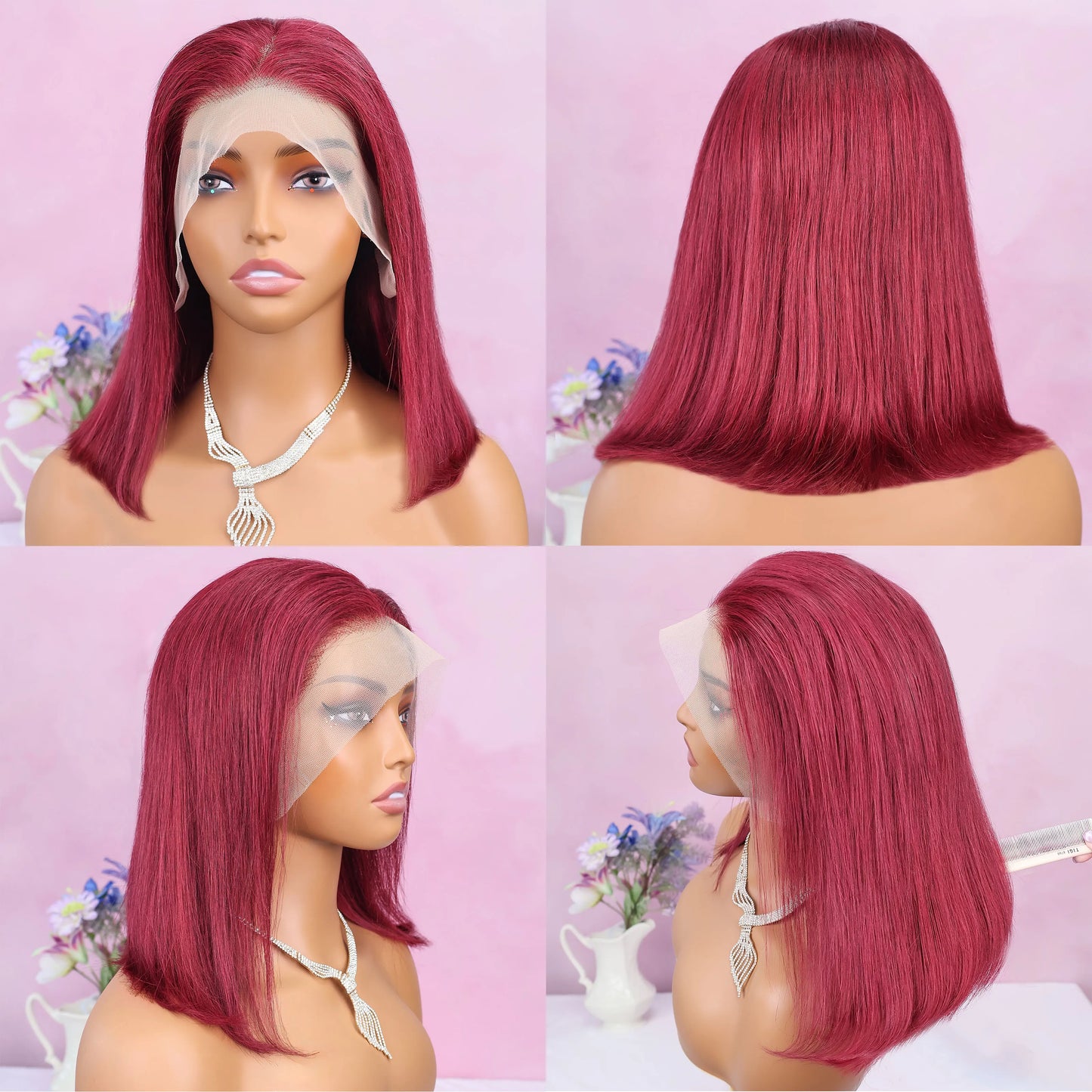 99J Burgundy 13x4 Short Lace Frontal Bob Wig Human Hair 100% Remy 16Inch Brazilian Transparent 200%Density Lace Wigs Pre Plucked