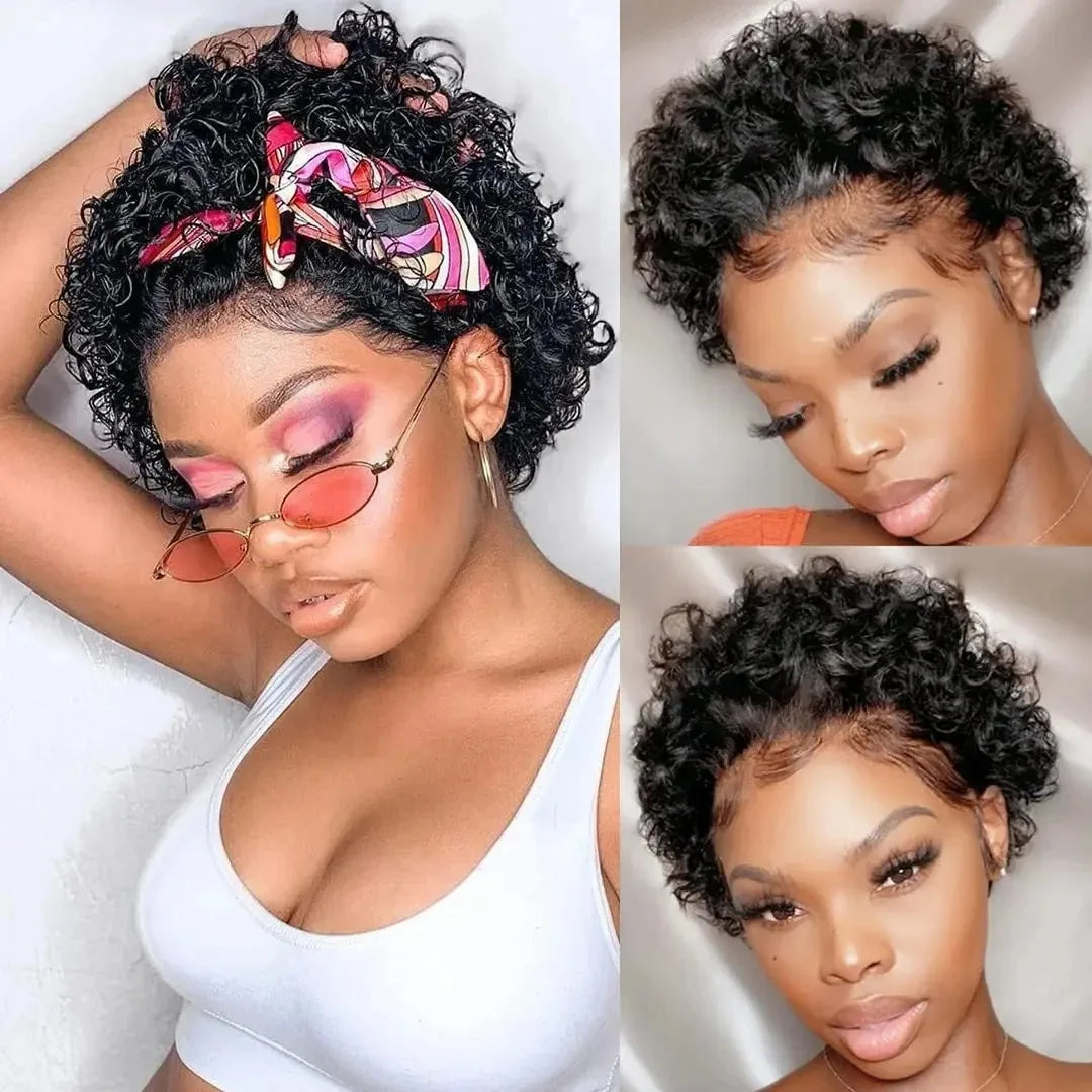 13X1 Pixie Cut Curly Lace Wigs Human Hair Short Curly Brazilian Human Hair Wigs Deep Water Wave Wigs for Black Women Human Hair