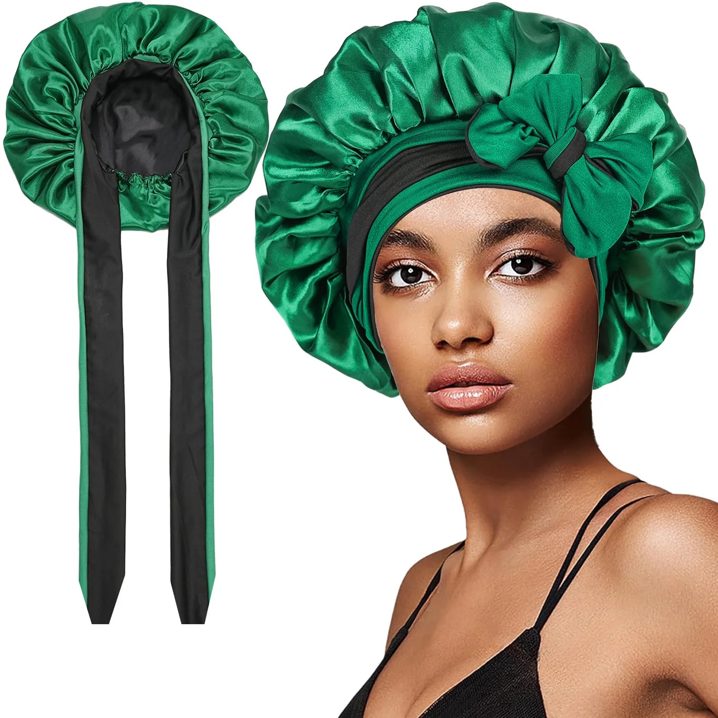 Women Double-layer Satin Sleep Cap Elastic Tie Band Cover Bonnet