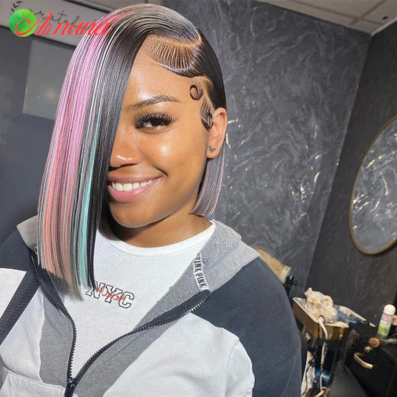 Highlights Blue/Pink/Rose Colored Short Bob Wig With Baby Hair Straight 13x4 Lace Frontal Wigs Remy Human Hair Wigs For Women