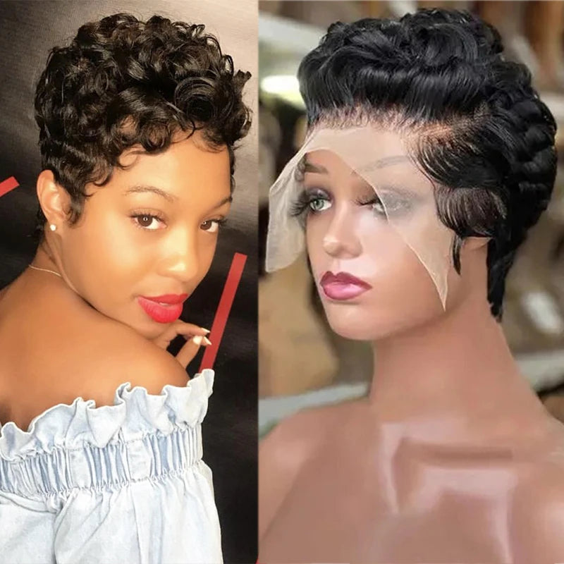 Short Pixie Cut Curly 100% Human Hair Wigs 13x4 Lace Front Wigs for Women Natural Soft Bob Wig with Transparent Lace Wigs