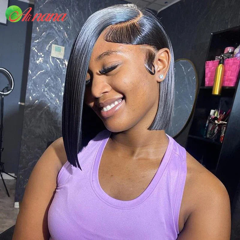 Highlights Blue/Pink/Rose Colored Short Bob Wig With Baby Hair Straight 13x4 Lace Frontal Wigs Remy Human Hair Wigs For Women