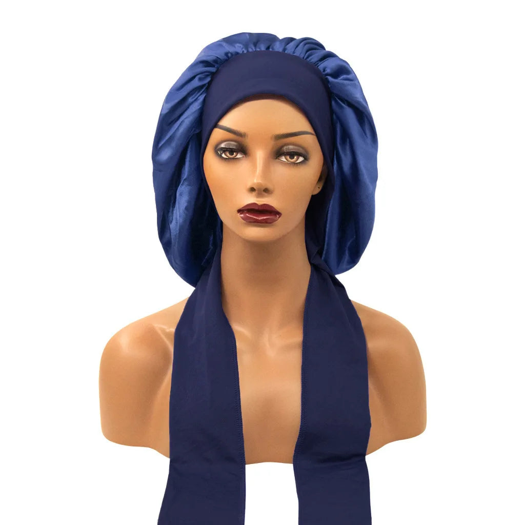 Women Satin Night Sleep Cap with Long Streamer Hair Care Bonnet