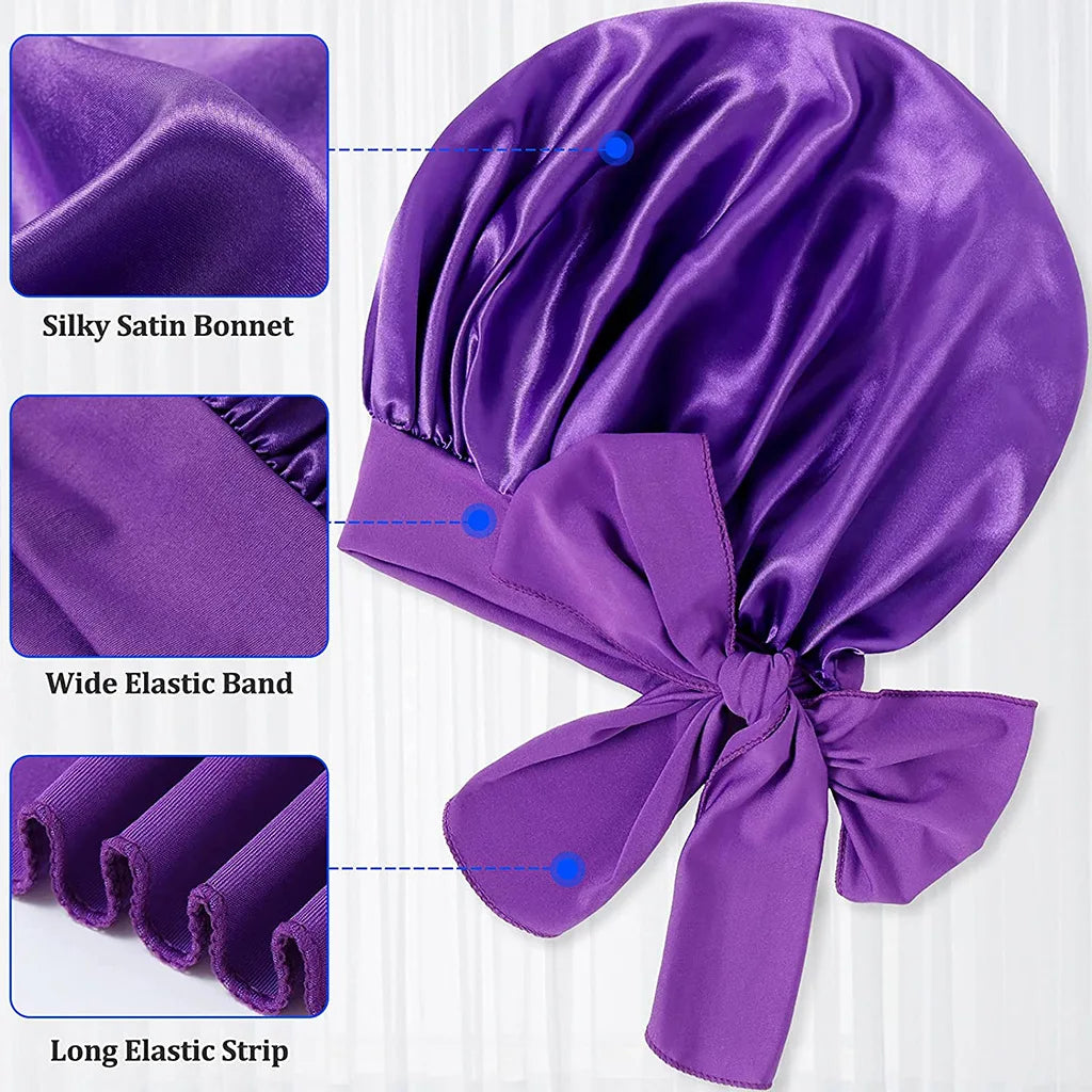 Women Satin Night Sleep Cap with Long Streamer Hair Care Bonnet