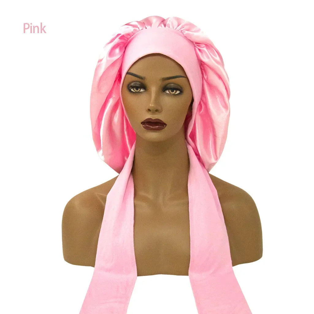 Women Satin Night Sleep Cap with Long Streamer Hair Care Bonnet