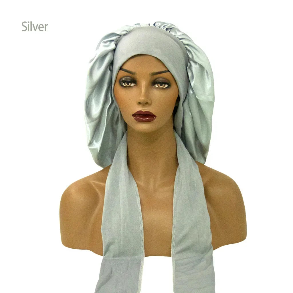 Women Satin Night Sleep Cap with Long Streamer Hair Care Bonnet