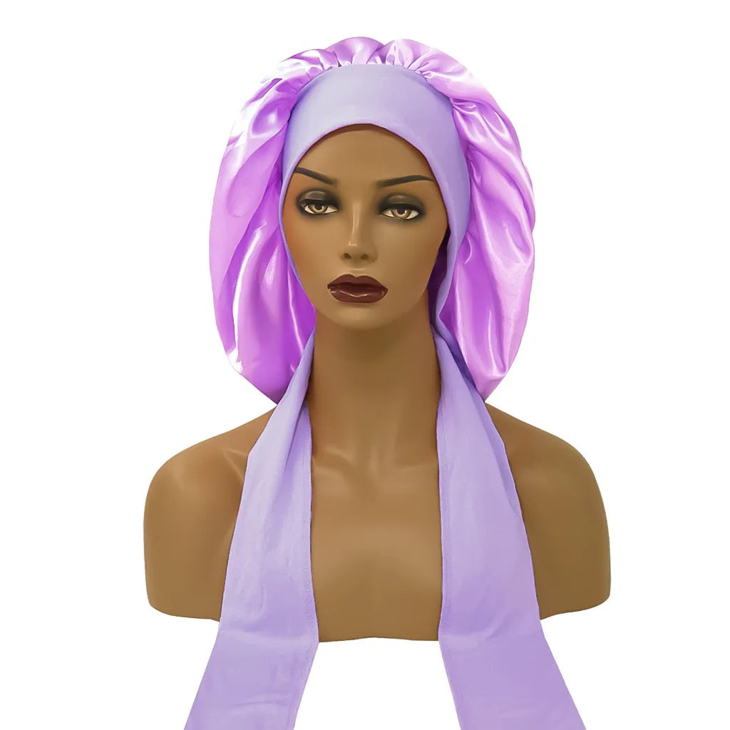 Women Satin Night Sleep Cap with Long Streamer Hair Care Bonnet