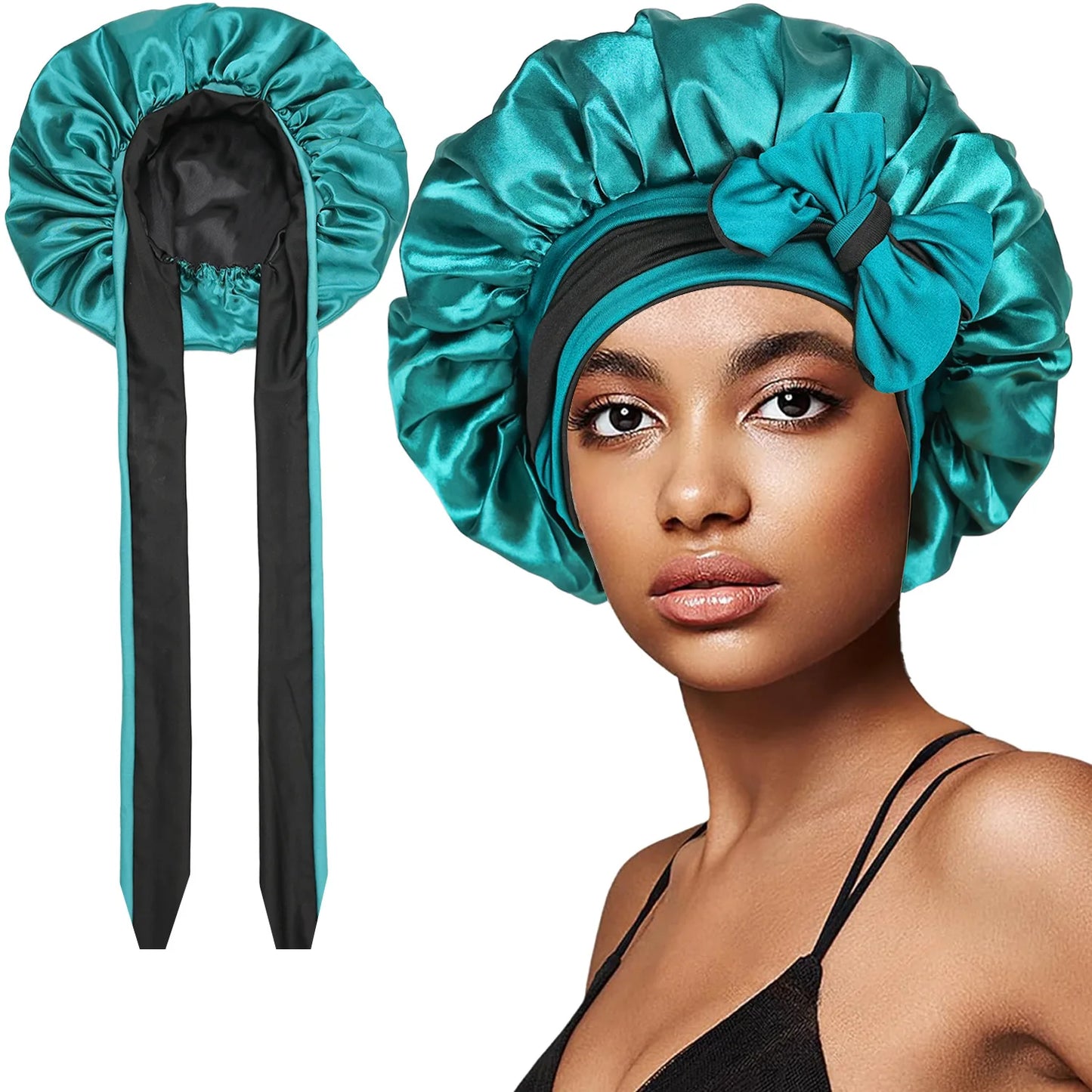 Women Double-layer Satin Sleep Cap Elastic Tie Band Cover Bonnet