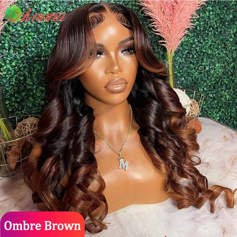 Ombre Ginger Brown Colored 13x6 Transparent Lace Frontal Wig Body Wave PrePlucked 12AGrade Lace Closure Human Hair Wig For Women