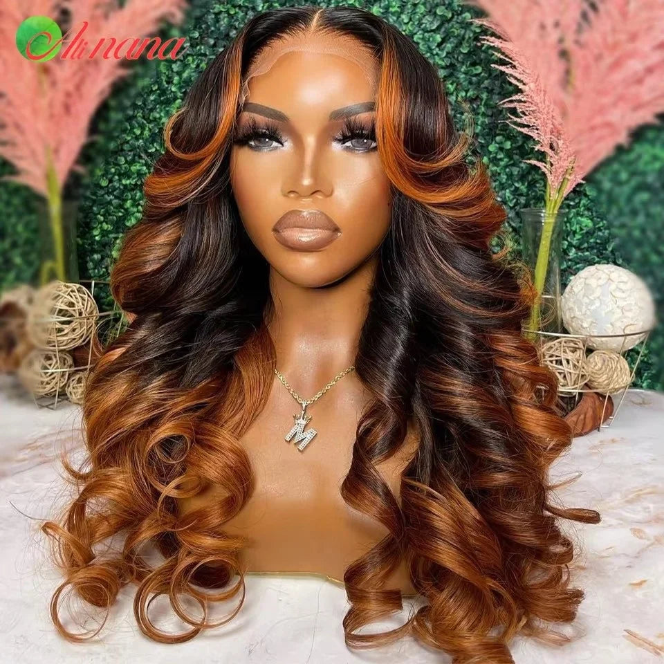 Ombre Ginger Brown Colored 13x6 Transparent Lace Frontal Wig Body Wave PrePlucked 12AGrade Lace Closure Human Hair Wig For Women