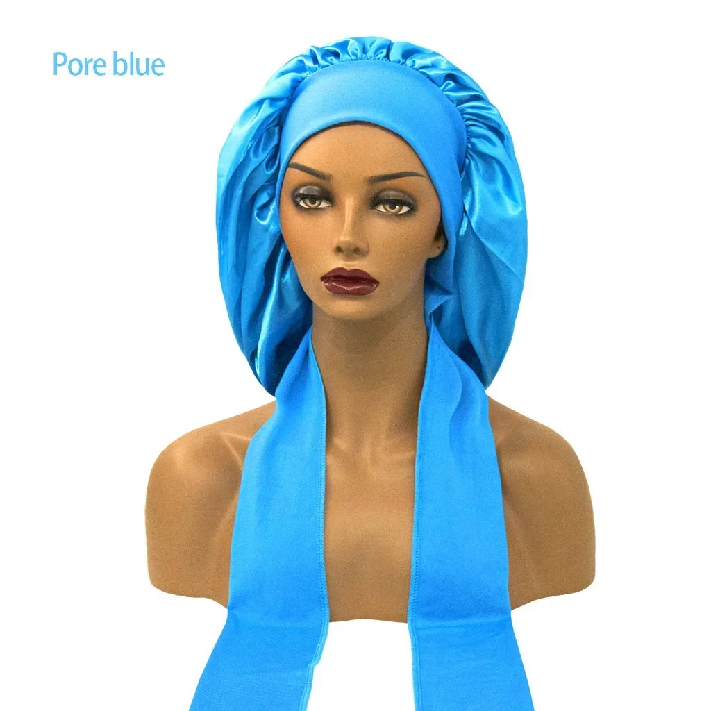 Women Satin Night Sleep Cap with Long Streamer Hair Care Bonnet